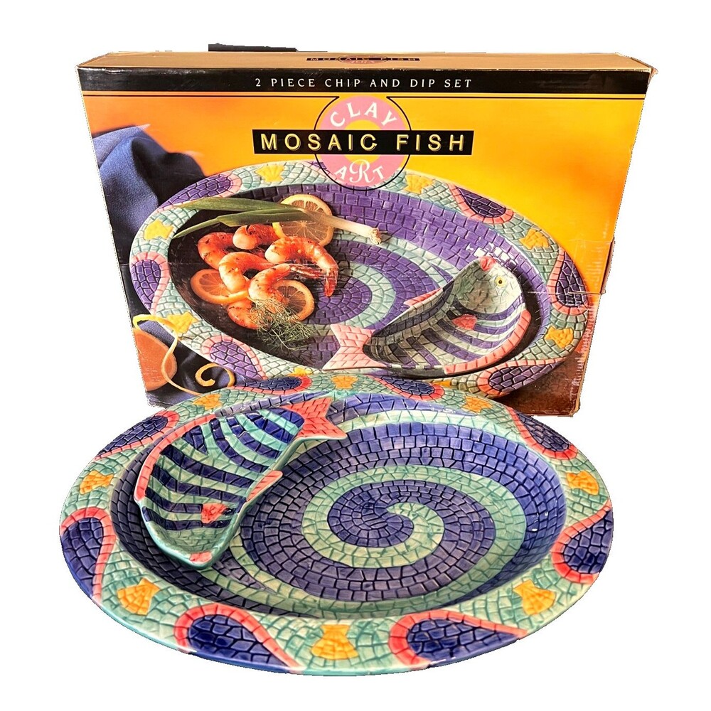 Vtg 90s CLAY ART Mosaic Fish 2pc Chip Dip Platter Set w/Box Pastels Retro Party